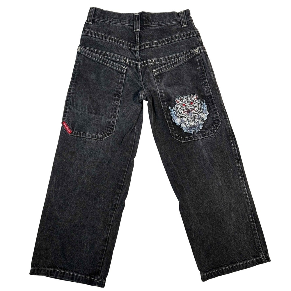 Vintage JNCO Baggy Jeans Y2K Tiger Embroidered Black 10" Wide Leg Pants Boys 16